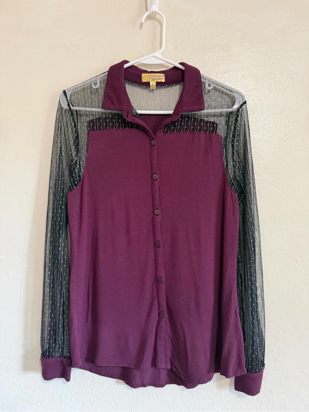 Princess Vera Wang Burgundy Sheer Sleeve Button-Up Blouse